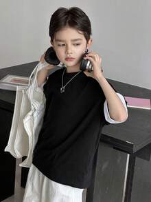 Dazy Kids Áo thun ngắn tay cổ tròn in chữ dành cho bé trai tuổi teen, kiểu dáng thường ngày. - màu đen - Xem 4
