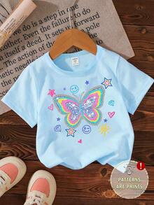 Girls' Casual Colorful Butterfly, Rainbow, Heart Graphic Print Short Sleeve T-Shirt, Comfortable Basic Tee For Spring, Summer, Fall - Blue - View 4
