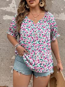 Ceyna 加大码女式法式简约休闲碎花短袖衬衫，夏季 - 玫紅色 - 查看 4