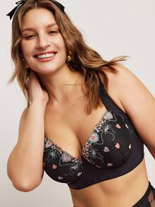 Elorette 1pc Plus Size Black Underwire Lace Bra, Comfortable Supportive Wide Strap Bra - Black - View 4