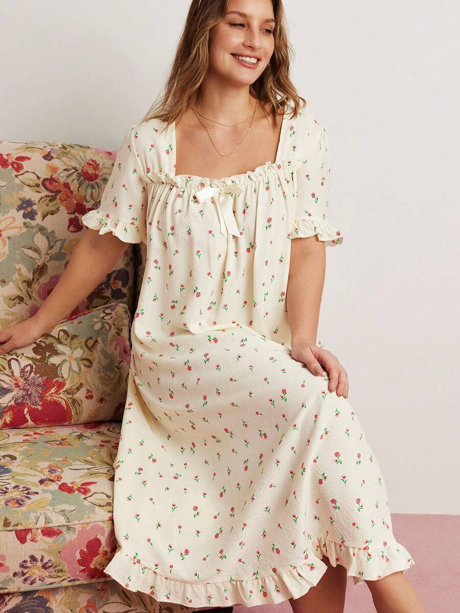 Elorette Camisón, vestido para dormir, vestido largo, muu muu de talla grande para mujer con estampado de rosas, volantes de gasa, cuello cuadrado, detalles cómodos y elegantes con esplendor floral abundante - Albaricoque - Ver 1