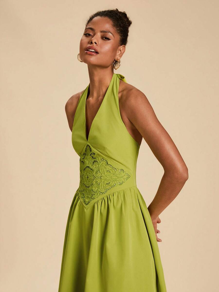 Travachic Women's Embroidered Halter Neck Vacation Dress,Elegant Dresses For Women, Summer Dress,Vacation Outfits Women,Embroidered Dress,Dresses For Women Summer - Green - View 1
