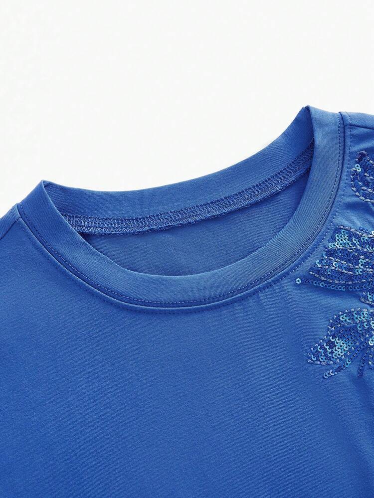 MOTF PREMIUM WOMEN'S SEQUINS EMBROIDERED FLORAL T-SHIRT - Blue - View 3