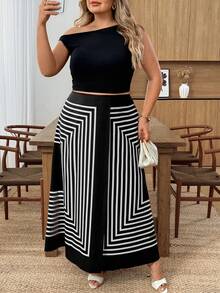 SHEIN CURVE+ Váy chữ A dáng rộng kẻ sọc dành cho nữ cỡ lớn, thích hợp mặc đi làm. - Đen và trắng - Xem 6