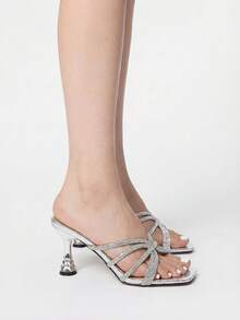 ROMWE Grunge Punk Women's Silver Rhinestone Decor Criss-Cross Stilettos Sandals, Fashionable & Comfortable, Peep Toe, Spring/Summer Valentines - Silver - View 2