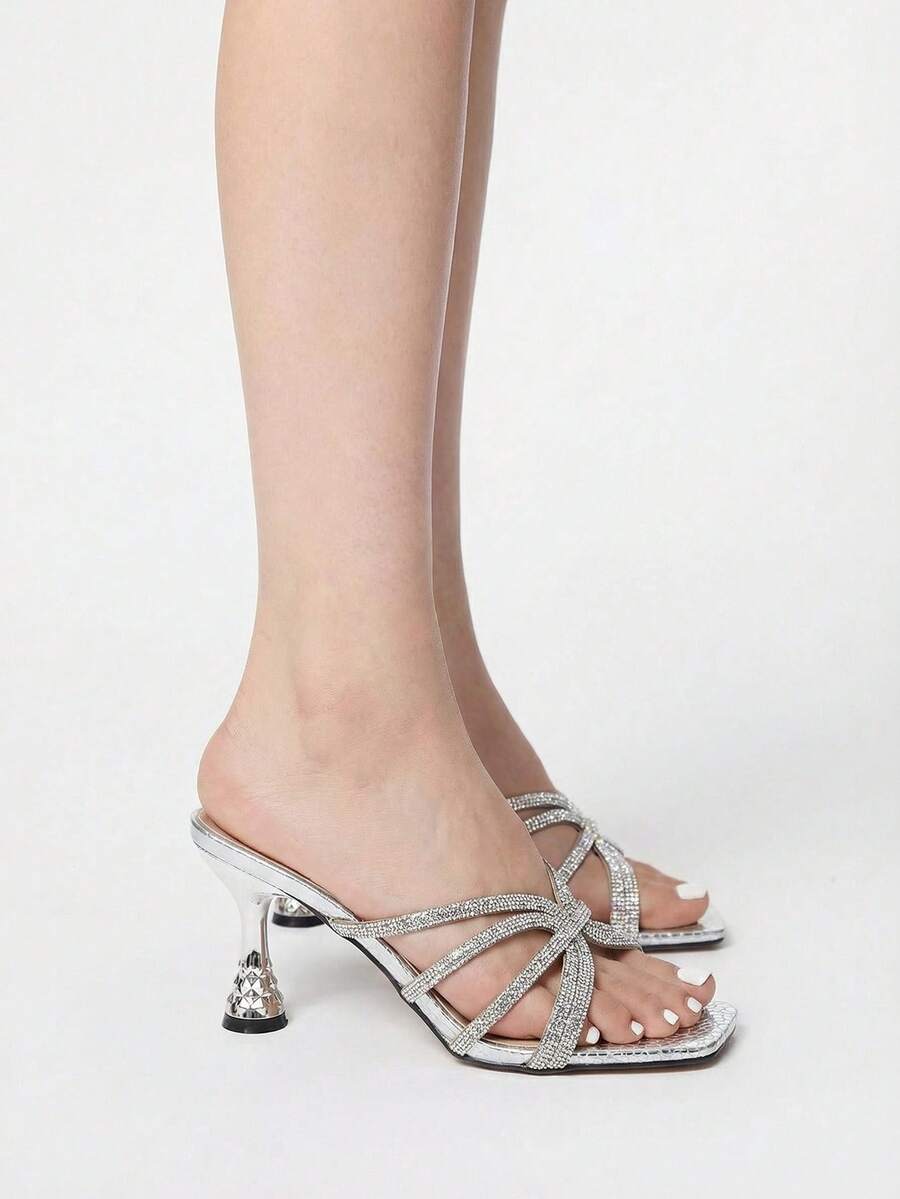 ROMWE Grunge Punk Women's Silver Rhinestone Decor Criss-Cross Stilettos Sandals, Fashionable & Comfortable, Peep Toe, Spring/Summer Valentines