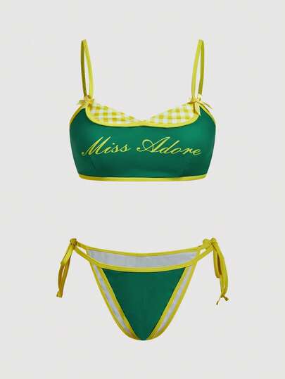 SHEIN MOD Women's Summer Beach Vacation Style Letter Patchwork Plaid Print Trim Bikini Set,Womens Green And Yellow Gingham Bikini Set With Adjustable Straps And Embroidered Detail Summer Swimsuit,Stylish Two Piece Green And Yellow Gingham Halter Bikini Set For Women With Bow Accent Details,Bikini Set For Women,Two Piece Swimsuit For Women