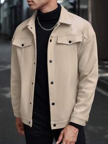 Manfinity CasualCool Áo khoác nam dài tay, cài cúc phía trước, vai rớt, kiểu dáng thường ngày, thích hợp cho mùa thu. - Màu be - Xem 4