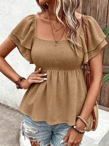 SHEIN Holidaya Áo croptop cổ vuông với gấu áo nhún bèo và tay áo xếp lớp bồng bềnh màu đen kiểu peplum. - Màu Khaki - Xem 6