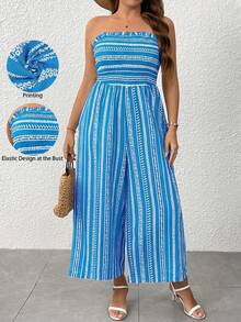 SHEIN Clasi Bộ jumpsuit nữ dáng suông, không dây vai, ống rộng, thích hợp cho kỳ nghỉ, thường ngày, kiểu dáng ôm sát. - Màu xanh lam - Xem 1