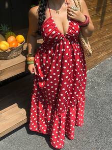 Sunnyshic Sommerliches Retro Polka Dot Slip Kleid, Tailliertes A-Linien Kleid, ärmelloses Off-Shoulder rotes Kleid für Urlaub & Reisen - Rot - Übersicht 5