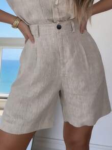 Balvessa Quần short nữ màu trơn, xếp ly, có túi, dáng rộng, chất liệu giả vải lanh. - Màu Khaki - Xem 5