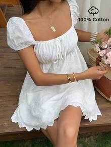 SHEIN SunnyBelle Vestido de muñeca de línea A de algodón jacquard con cuello con volantes, estilo infantil para mujer, primavera/verano - Blanco - Ver 1
