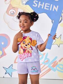 SHEIN | PAW Patrol 女童波点卡通印花T恤和短裤套装 - 淡紫色 - 查看 1