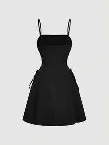 SHEIN MOD 红色约会之夜连衣裙，褶皱胸部系带吊带连衣裙 - 黑色 - 查看 7
