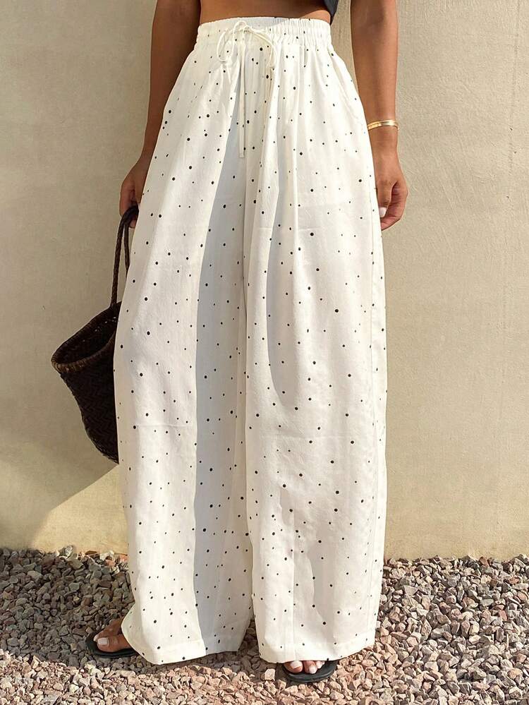 Polka Dot Elastic Waist Tie Casual Vacation Wide Leg Pants, Women Summer Trousers