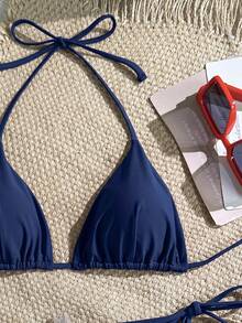 Swim Mod Bộ bikini hai mảnh buộc cổ màu trơn gợi cảm dành cho nữ mùa hè, kèm quần lót tam giác. - Màu xanh hải quân - Xem 5