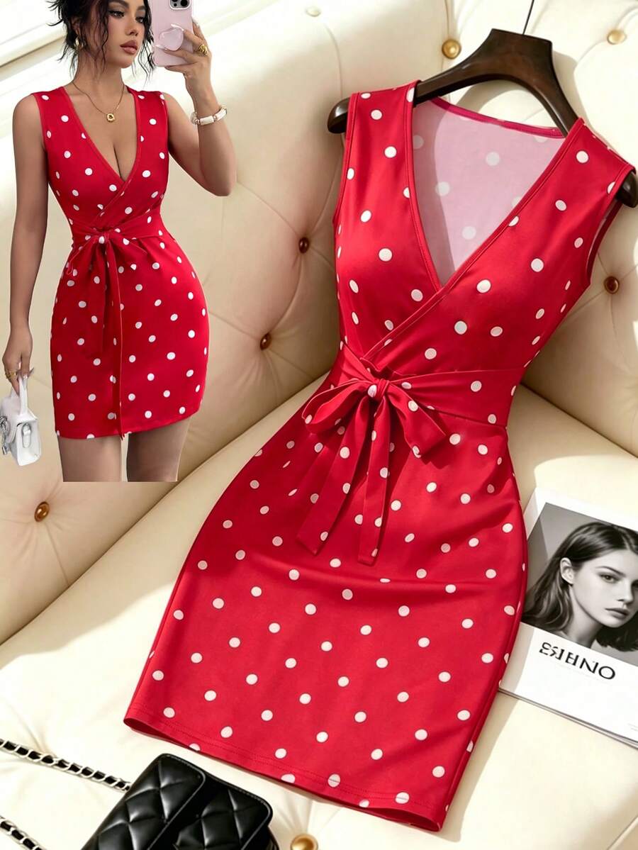 Elenzga Đầm nữ mùa hè mới, không tay, cổ chữ V chéo, thắt eo, họa tiết chấm bi, kiểu dáng thanh lịch, thích hợp đi chơi. - Đỏ và trắng - Xem 1