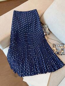 Falda midi casual/de trabajo con pliegues y estampado de lunares para mujer - Multicolor - Ver 4