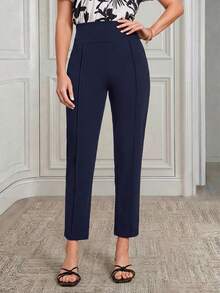 Miaspire High Waist Press Crease Tailored Pants - Navy Blue - View 1