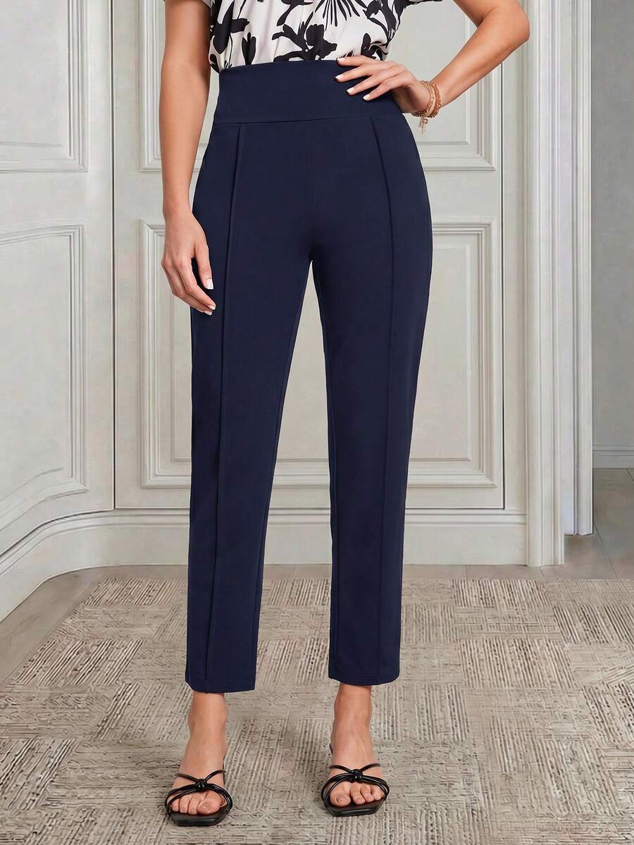 Miaspire High Waist Press Crease Tailored Pants - Navy Blue - View 1