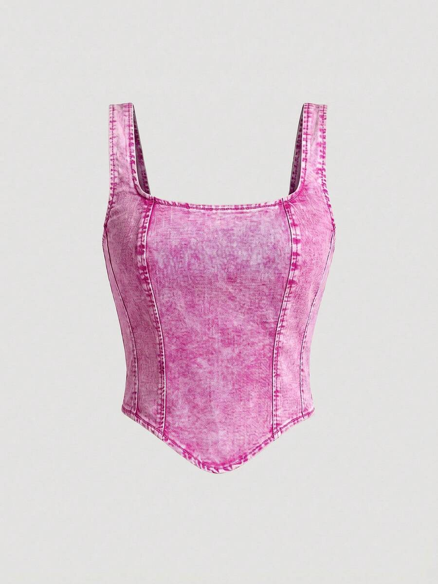 SHEIN MOD 女士方领不对称下摆无袖牛仔上衣 - 粉色 - 查看 1