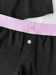 SHEIN Tween Girls Lace Trim Bowknot White Tank Top And Super Shorts Co-Ord Set, Pink And Black - Multicolor - View 4