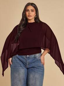 SHEIN BAE 大码女式喇叭袖短款斗篷上衣 - 紫紅色 - 查看 6