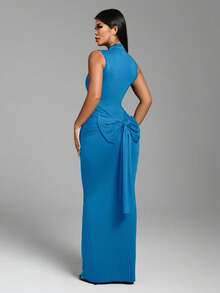 Zolique Women's High Neck Front Tie Sexy Extra Long Dress - Blue - View 2