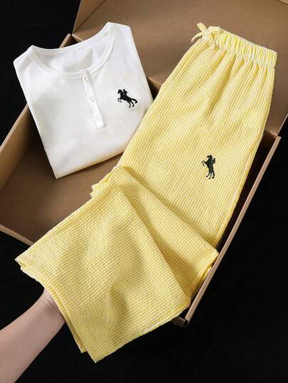 Tween Girl Embroidered White Crew Neck Short Sleeve T-Shirt And Yellow Wide Leg Pants Set