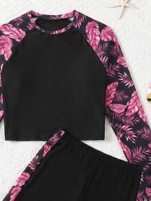 SHEIN 少女插肩袖热带植物印花上衣和短裤泳衣套装 - 玫紅色 - 查看 3