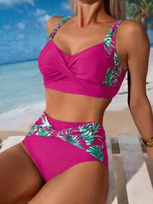 Swim Lushoire Women's Plant Print Casual Swimwear Set - Hot Pink - View 1