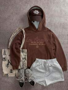 SHEIN Attitoon 女士字母印花连帽休闲百搭日常卫衣，适合秋冬季穿着 - 彩色 - 查看 3