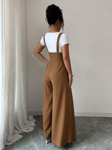 Elenzga Bộ jumpsuit ống rộng xếp ly đa năng dành cho nữ - màu nâu - Xem 2
