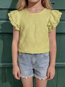 SHEIN Tween Girls Pale Yellow Textured Woven Round Neck Ruched Ruffle Trim Flutter Sleeve Fitted Cute Top,French Elegant Summer Vacation,Tea Party For Kids - Yellow - View 7