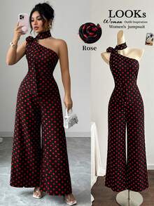GlowEve CURVE Plus Size Women's Elegant Black & White Polka Dot Asymmetric Neck Jumpsuit, Suitable For Commuting, Spring/Summer - Multicolor - View 7