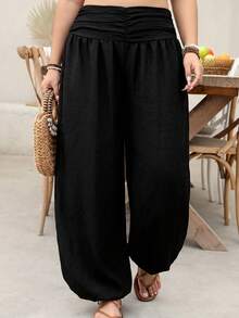 EMERY ROSE Plus Size Women Casual Vacation Elastic Waist Pleated Pants Fall - Black - View 1