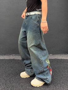 Manfinity EMRG Quần jeans ống loe nam phong cách thường ngày đường phố, in hình rồng Trung Quốc và chữ cái, đã qua xử lý giặt. - Rửa nhẹ - Xem 4