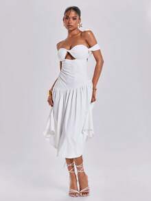 ROMWE Y2K Romantic Sexy White Waist Lace Off-Shoulder Hollow-Out Front Midi Dress For Summer Wedding Vacation - White - View 6