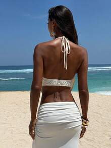 Opulessa Áo croptop cổ yếm đính hạt gợi cảm dành cho nữ, thích hợp cho kỳ nghỉ biển. - Màu be - Xem 6