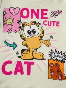 GARFIELD | SHEIN Bộ đồ mặc nhà thoải mái cho bé gái, gồm áo và quần ngắn tay cổ tròn in chữ hoạt hình. - Màu vàng - Xem 4