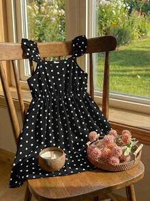 SHEIN Young Girl Woven Polka Dot Square Neck Ruffle Hem Casual Dress - Black - View 5