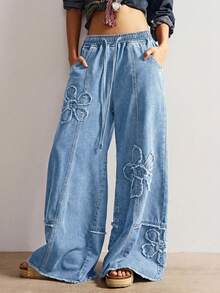 Bohemela Plus Size Women Casual Vacation & Commute Distressed Floral Print Drawstring Waist Loose Wide Leg Jeans - Light Wash - View 3