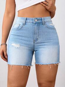 SHEIN Tall CURVE Plus Size Women Distressed Pocket Frayed Hem Casual Denim Shorts - Blue - View 5