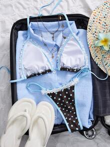 Swim Mod 2pcs Women's Polka Dot Lace Trim Halter Backless Cute Sweet Bikini Set - Multicolor - View 3