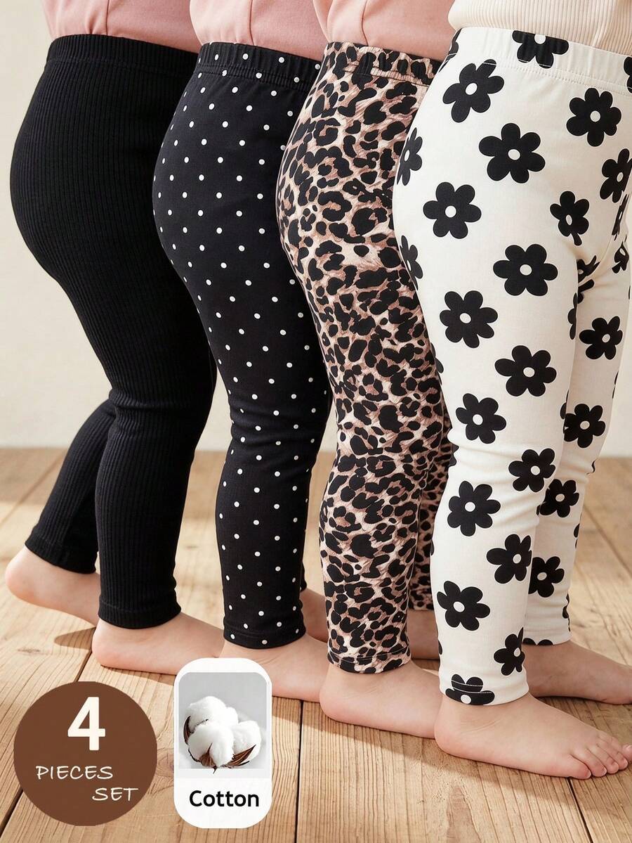SHEIN 4件套女婴针织纯色、波点、碎花、豹纹图案可爱打底裤,休闲时尚 - 彩色 - 查看 1
