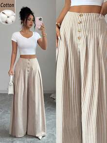 Elenzga Women's Autumn Pastal Stripe Cotton Wide-Leg Trousers Fashionable Loose-Fitting Button-Down Pleated Casual Elegant Girlisim Vacation White Brunch - Khaki - View 1