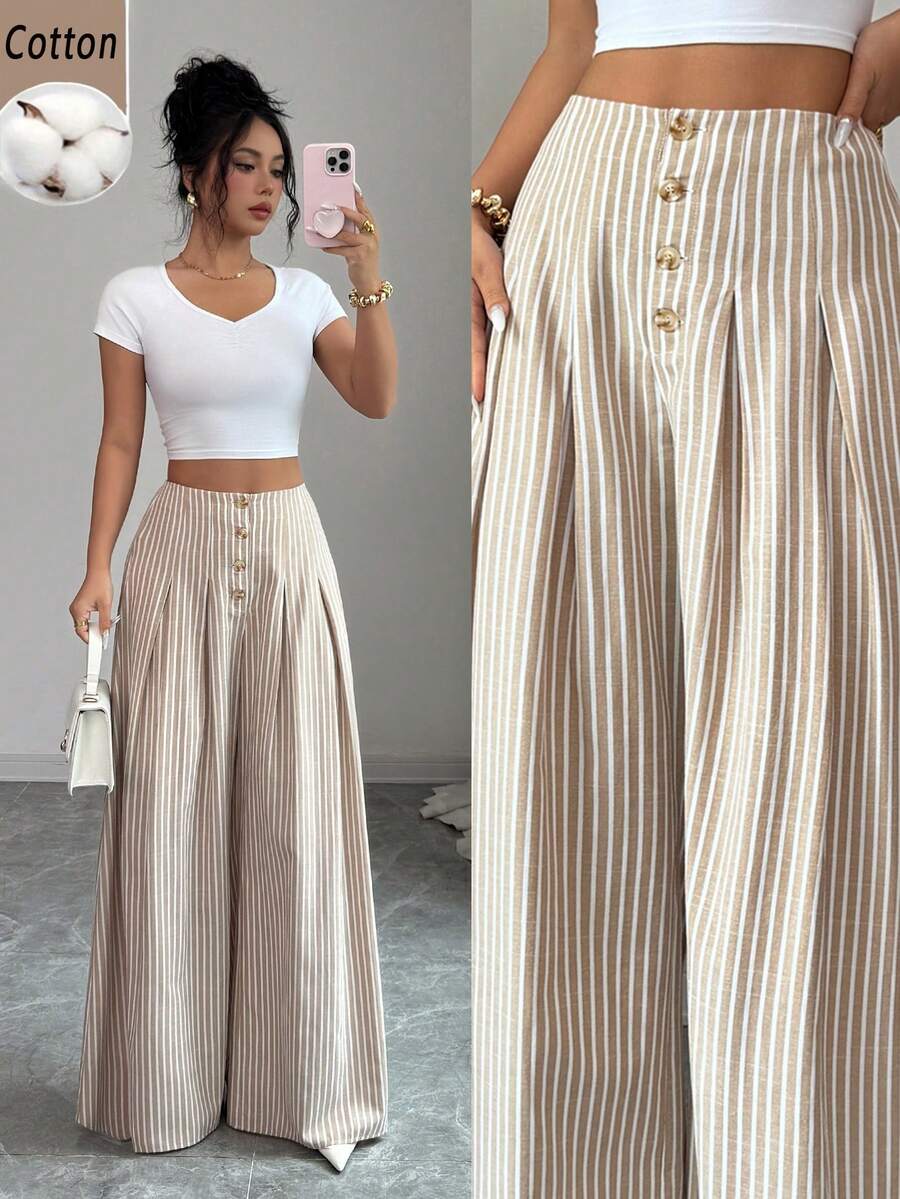 Elenzga Women's Autumn Pastal Stripe Cotton Wide-Leg Trousers Fashionable Loose-Fitting Button-Down Pleated Casual Elegant Girlisim Vacation White Brunch - Khaki - View 1