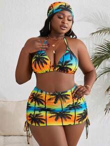 Slaydiva Conjunto de traje de baño de 3 piezas con estampado aleatorio y escote halter, talla grande, 4 piezas - Multicolor - Ver 1