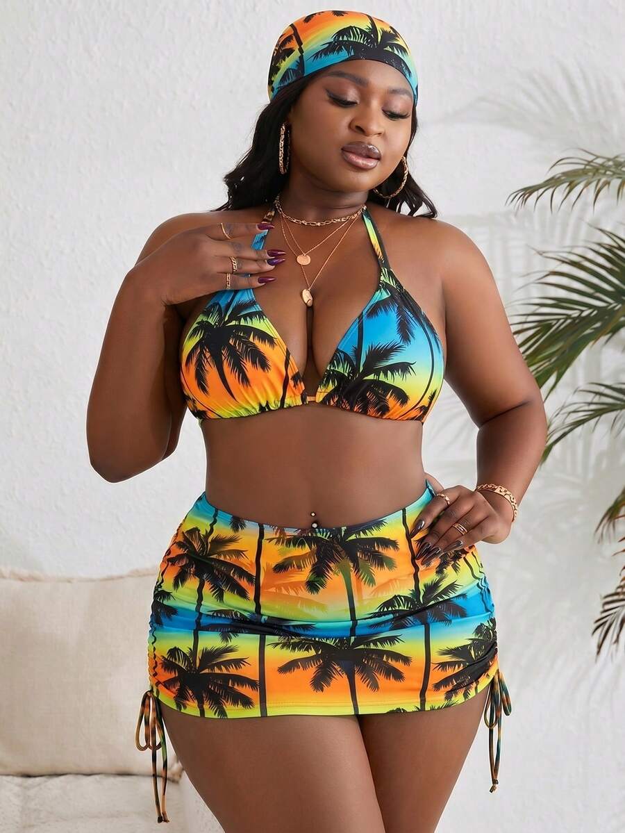 Slaydiva Conjunto de traje de baño de 3 piezas con estampado aleatorio y escote halter, talla grande, 4 piezas - Multicolor - Ver 1